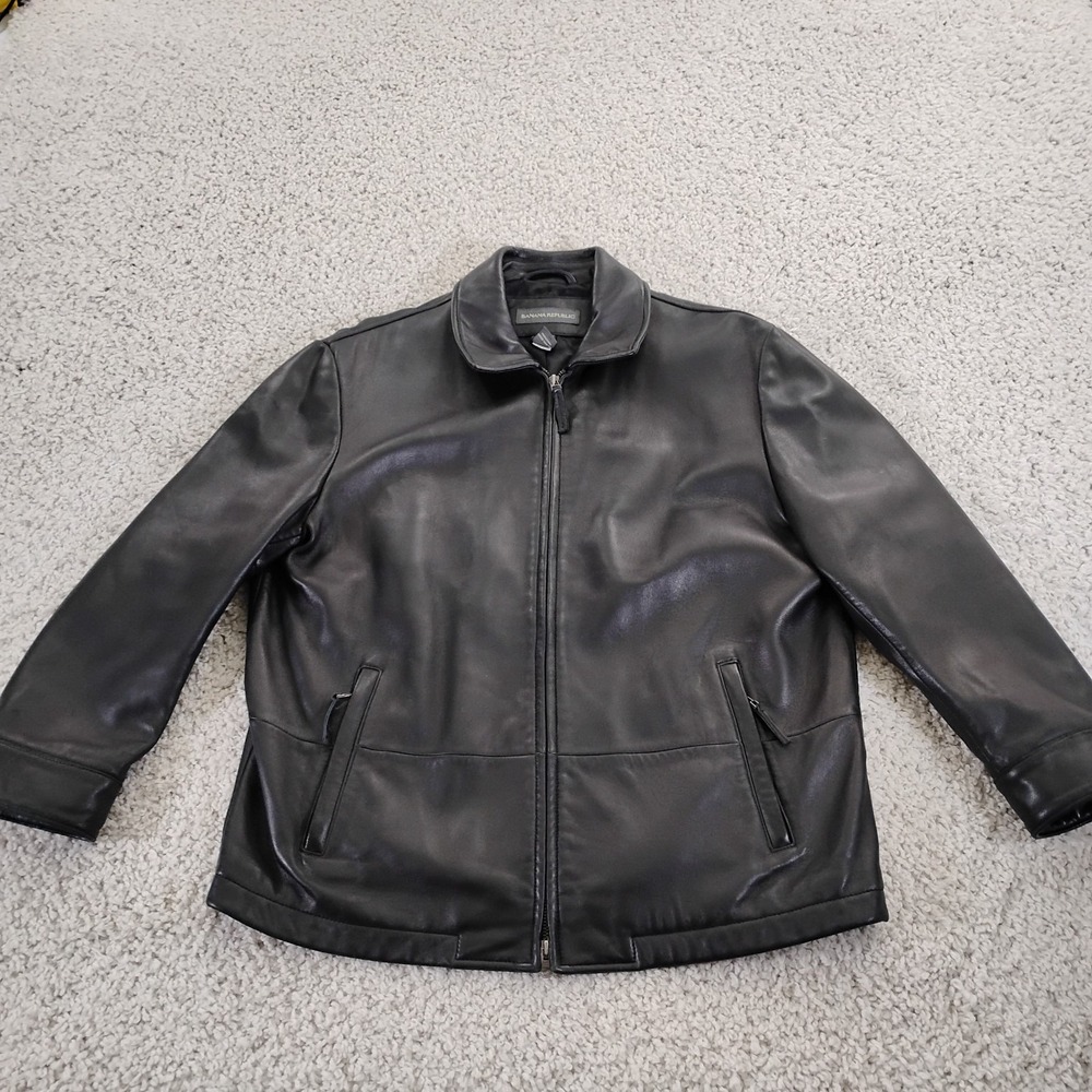Vintage Banana Republic Jacket Mens Medium Black Leather Zip Biker Coat 90s Moto